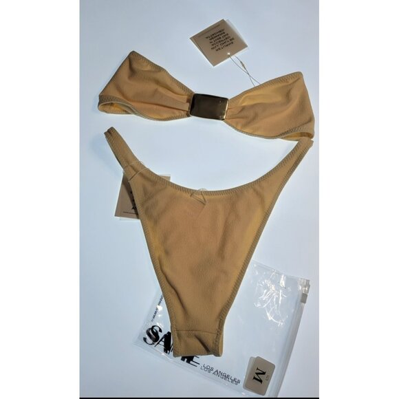 SAME Los Angeles Bikini Set M Beige Textured Bandeau Top High Leg Bottom NWT - Picture 3 of 5